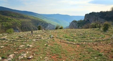 Concentric stone circles on spring plateau Stock Photos