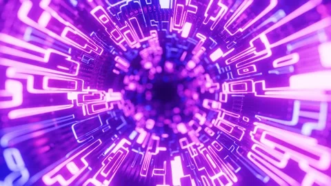 Concentric structures. Fly through technology cyberspace with neon glow. Sci-fi Stock Footage 281350046