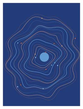 Concentric wavy lines and circles abstract shape with dots on blue background Stock Illustration