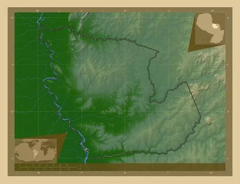 Concepcion, Paraguay. Colored elevation map with lakes and rivers Illustrazione stock