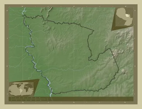 Concepcion, Paraguay. Elevation map colored in wiki style with lakes and rive Ilustração Stock