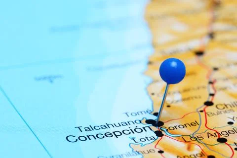 Concepcion pinned on a map of Chile Foto stock