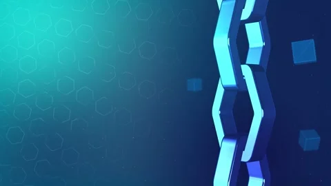 Concept of 3D Blue Metallic Chain Links with Glowing Hexagons and Floating Cubes Vídeo Stock 333516254