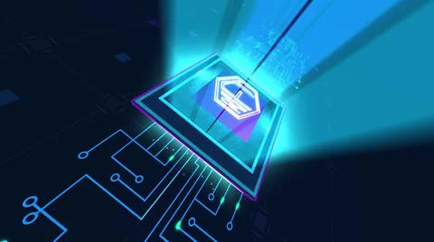 Concept 3d rendering animation motherboard CPU processor microchip starting neon 스톡 일러스트