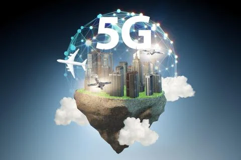 Concept of 5g technology with floating island Stock Illustration