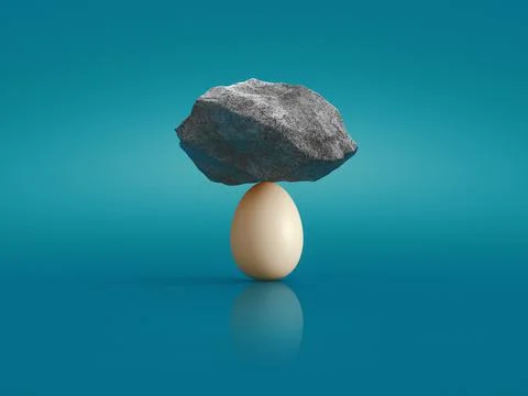 Concept about balance and strength, egg and stones on it. 3d rendering Stock Illustration