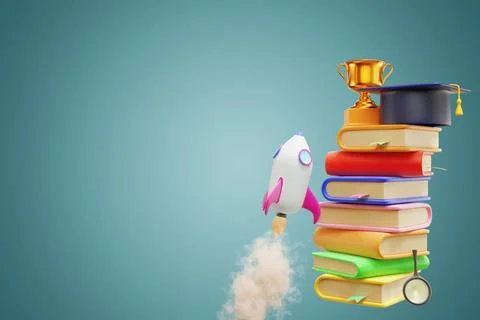 The concept of achieving the goal. Rocket stack of books cup academic cap Illustrazione stock