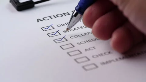 Concept of Action Plan, Checklist. Close-up businessman tick off, 4K Stock Footage 205076047
