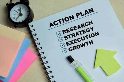 Concept of action plan. Research, strategy, execution, growth write on book Stock Photos