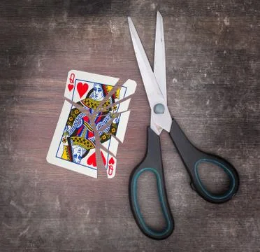 Concept of addiction, card with scissors 스톡 사진