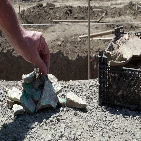 Concept ages and time. Ancient shards of bowls. Stock Footage 69445748