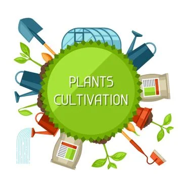 Concept with agriculture objects. Instruments for cultivation, plants seedling Illustration