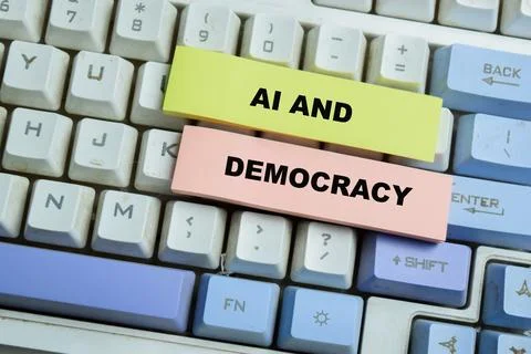 Concept of AI and democracy write on sticky notes isolated on Wooden Table. Stockfoto's