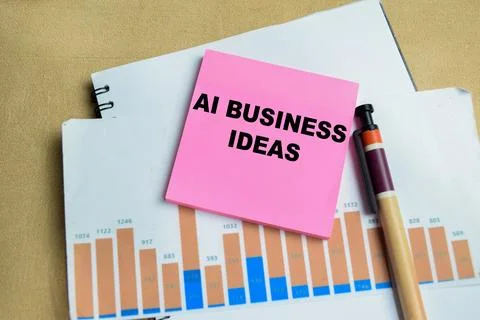 Concept of AI business ideas write on sticky notes isolated on Wooden Table. Stockfoto's