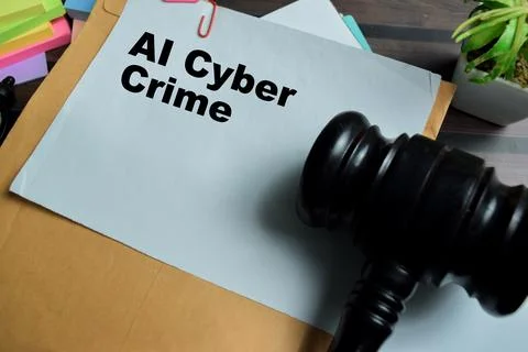 Concept of AI cyber crime write on legal document isolated on Wooden Table. Stock Photos