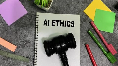 Concept of AI ethics write on book isolated on Wooden Table. Stockfoto's
