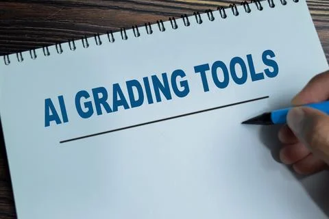 Concept of Ai grading tools write on book isolated on Wooden Table. Stockfoto's