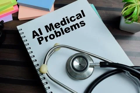 Concept of AI medical problems write on book isolated on Wooden Table. Stockfoto's
