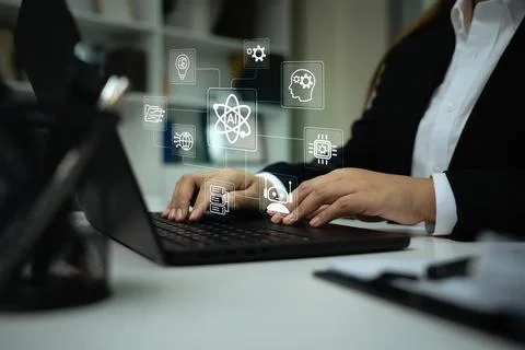 Concept of AI, robotics, and data science represented by virtual icons of Stock Photos