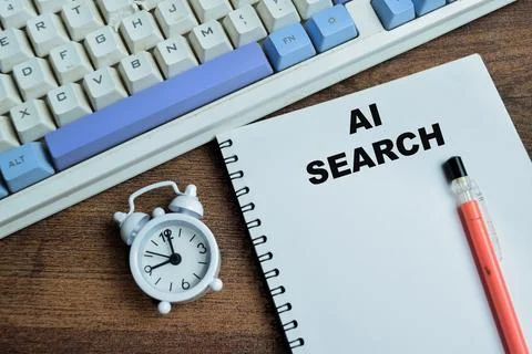 Concept of AI search write on book isolated on Wooden Table. Stockfoto's