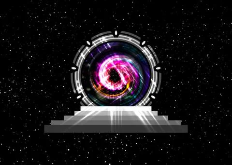 Concept alien construction dark galaxy background Stargate Time Machine Portal Stock Illustration