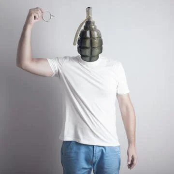 Concept of angry man. creative portrait.  grenade head. pulling the pin Illustrazione stock