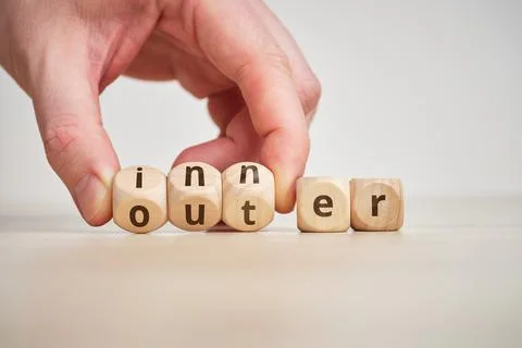 Concept of antonym inner and outer on wooden blocks Stock Photos