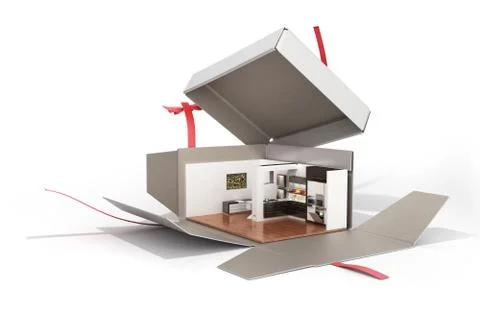 Concept apartment as a gift Kitchen interior in an open box 3d render on whit Illustrazione stock