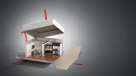 Concept apartment as a gift Kitchen interior in an open box 3d render on grey Illustrazione stock