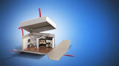 Concept apartment as a gift Kitchen interior in an open box 3d render on blue Illustrazione stock