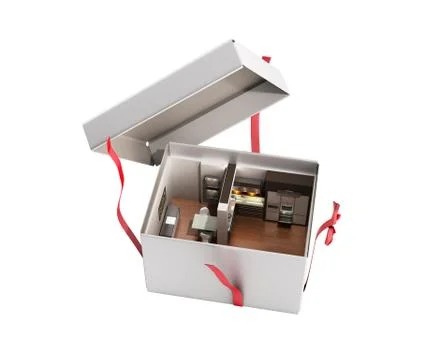 Concept apartment as a gift Kitchen interior in an open box 3d render on whit Stock Illustration