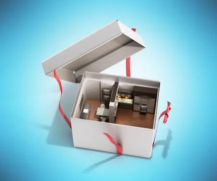 Concept apartment as a gift Kitchen interior in an open box 3d render on blue Stock Illustration