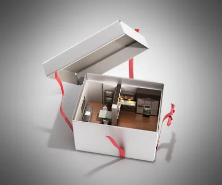 Concept apartment as a gift Kitchen interior in an open box 3d render on grey Illustrazione stock