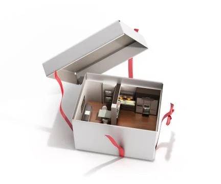 Concept apartment as a gift Kitchen interior in an open box 3d render on whit Illustrazione stock