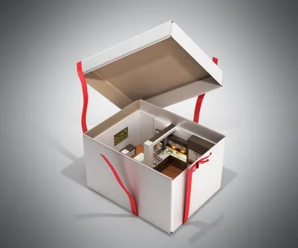 Concept apartment as a gift Kitchen interior in an open box 3d render on grey Illustrazione stock