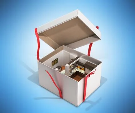 Concept apartment as a gift Kitchen interior in an open box 3d render on blue Illustrazione stock