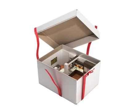 Concept apartment as a gift Kitchen interior in an open box 3d render on whit Stock Illustration
