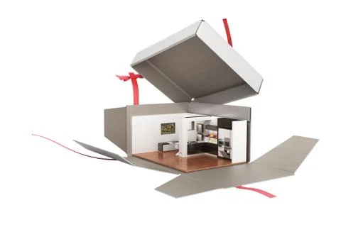Concept apartment as a gift Kitchen interior in an open box 3d render on whit Illustrazione stock