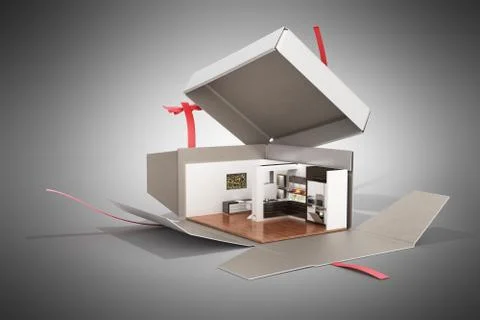 Concept apartment as a gift Kitchen interior in an open box 3d render on grey Illustrazione stock