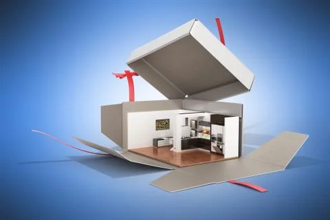 Concept apartment as a gift Kitchen interior in an open box 3d render on blue Illustrazione stock