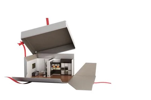 Concept apartment as a gift Kitchen interior in an open box 3d render on whit Stock Illustration
