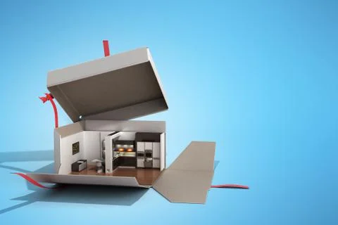 Concept apartment as a gift Kitchen interior in an open box 3d render on blue Illustrazione stock