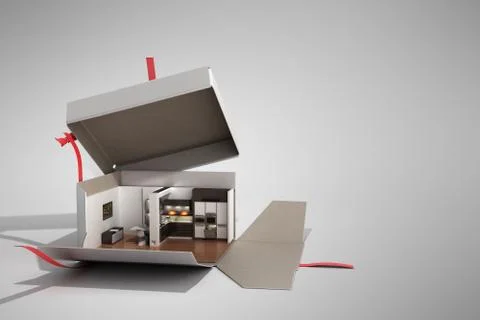 Concept apartment as a gift Kitchen interior in an open box 3d render on grey Stock Illustration