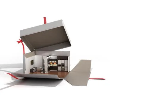 Concept apartment as a gift Kitchen interior in an open box 3d render on whit Illustrazione stock