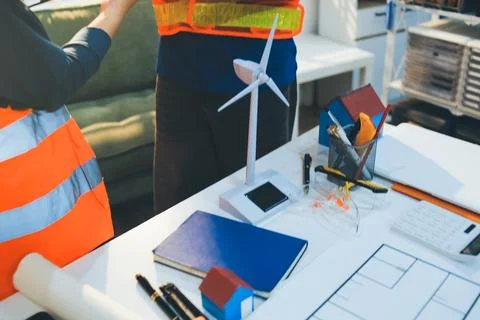 Concept Architect and desk of Architectural project in construction site or.. Stock Photos