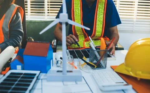 Concept Architect and desk of Architectural project in construction site or.. Stock Photos