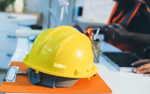 Concept Architect and desk of Architectural project in construction site or.. Stock Photos