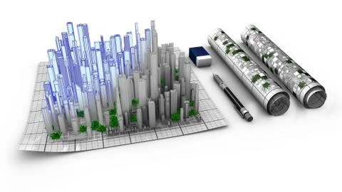Concept of architectural design of a city emerging from the map Stock Illustration