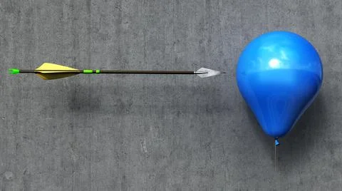Concept of arrow flight directly to blue balloon in front of concrete wall, 3 Ilustração Stock