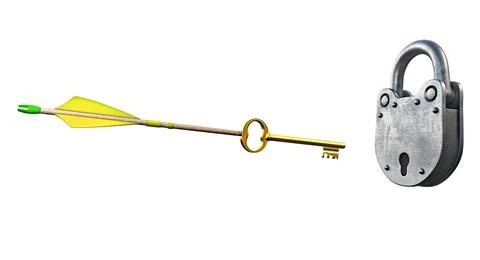 Concept of arrow with gold key instead of arrowhead is flying directly to the Stock Illustration